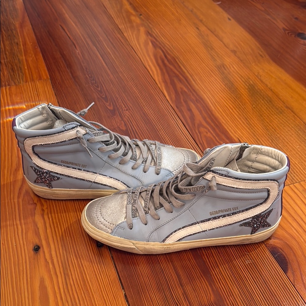 Golden Goose Silver and Blue High-Top Sneakers